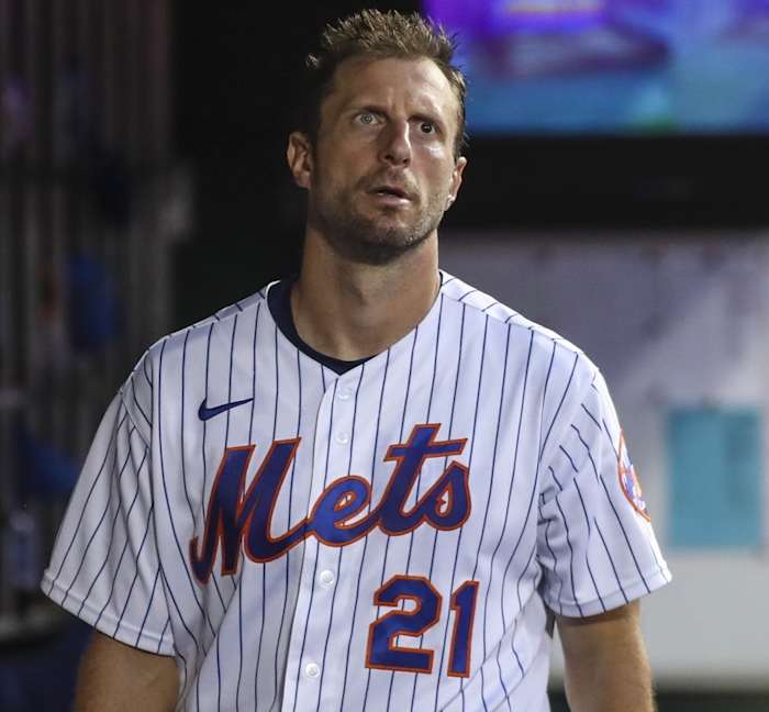 New York Mets starting pitcher Max Scherzer (21) in the dugout after retiring the side against the New York Yankees in the third inning at Citi Field. (Wendell Cruz-USA TODAY Sports)